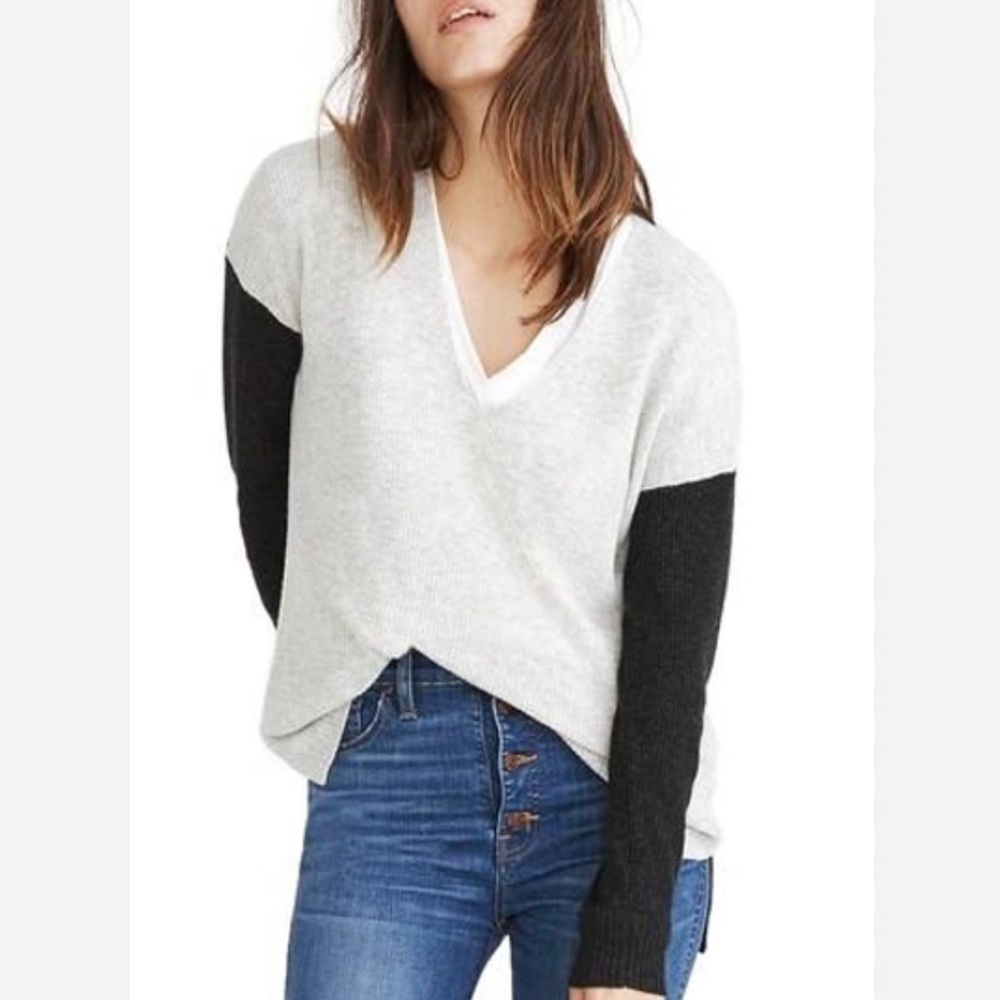 Madewell Warmlight Heather V Neck Pullover Sweater in Heather Fog Gray Sz M